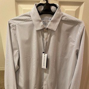 Mizzen + Main White/Navy Blue performance LS Dress Shirt - LARGE